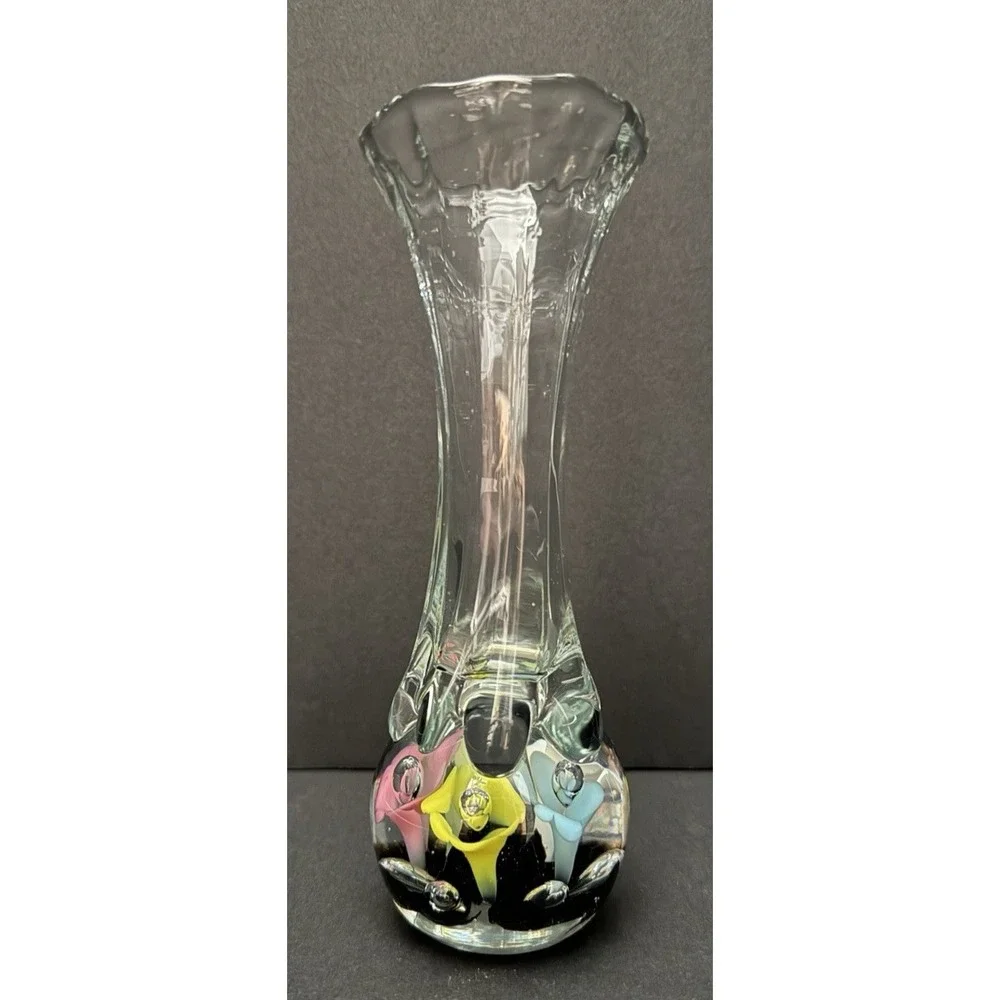 Vintage MCM St Clair Art Glass Bud Vase Pastel Flowers Handblown with Bubbles